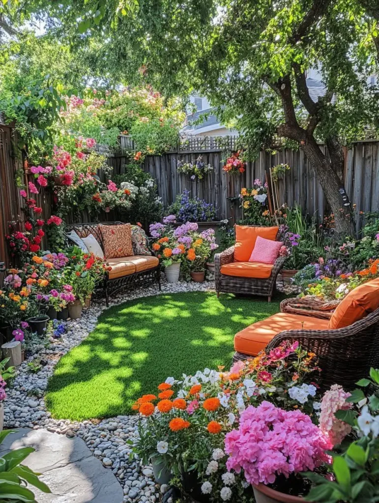 Cozy backyard seating area surrounded by a lush, colorful flower garden with a variety of blooming plants and a small patch of green lawn.