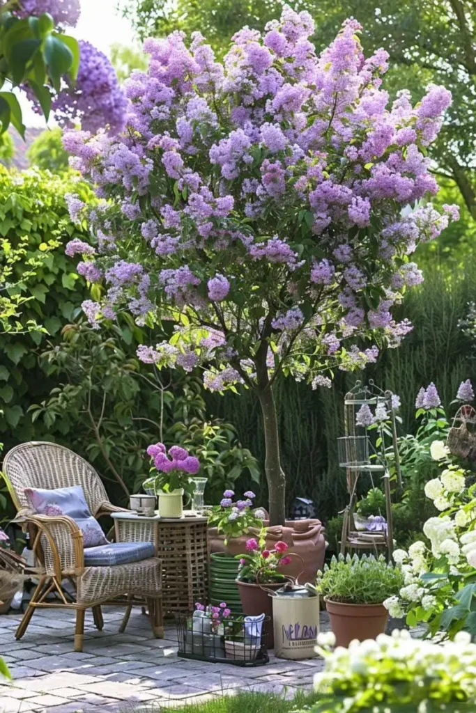 A flowering lilac tree in full bloom serves as the focal point of a garden, with a seating area and various potted plants nearby.