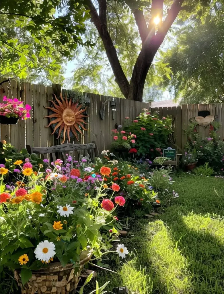 A sunny garden corner with a variety of colorful wildflowers, including daisies and zinnias, growing alongside a wooden fence.