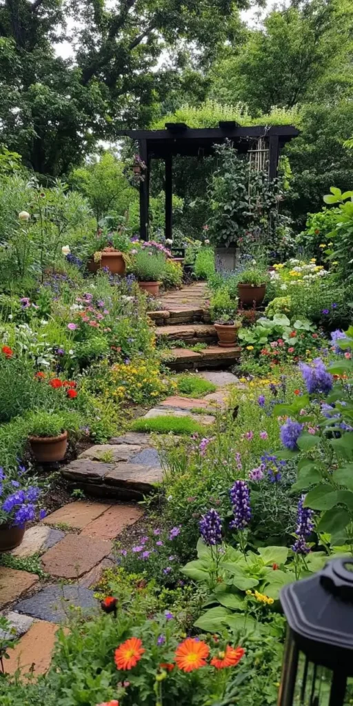 A winding stone path through a lush flower garden, with various colorful blooms and a pergola visible in the background.