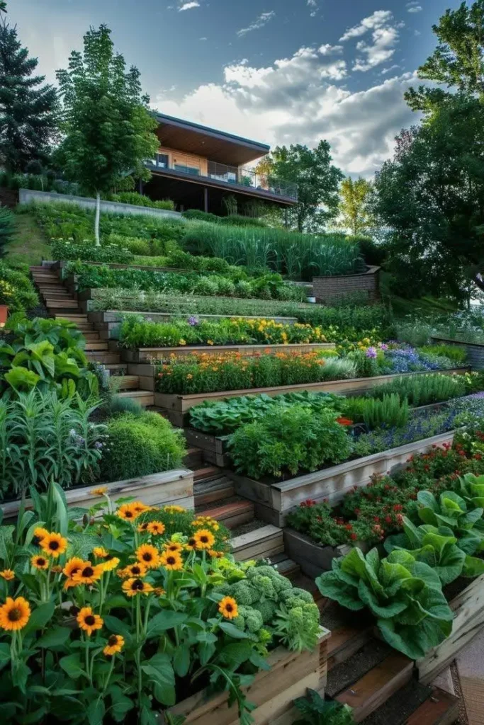 Multiple tiers of raised garden beds filled with a variety of flowers, vegetables, and herbs, creating a visually striking hillside garden.