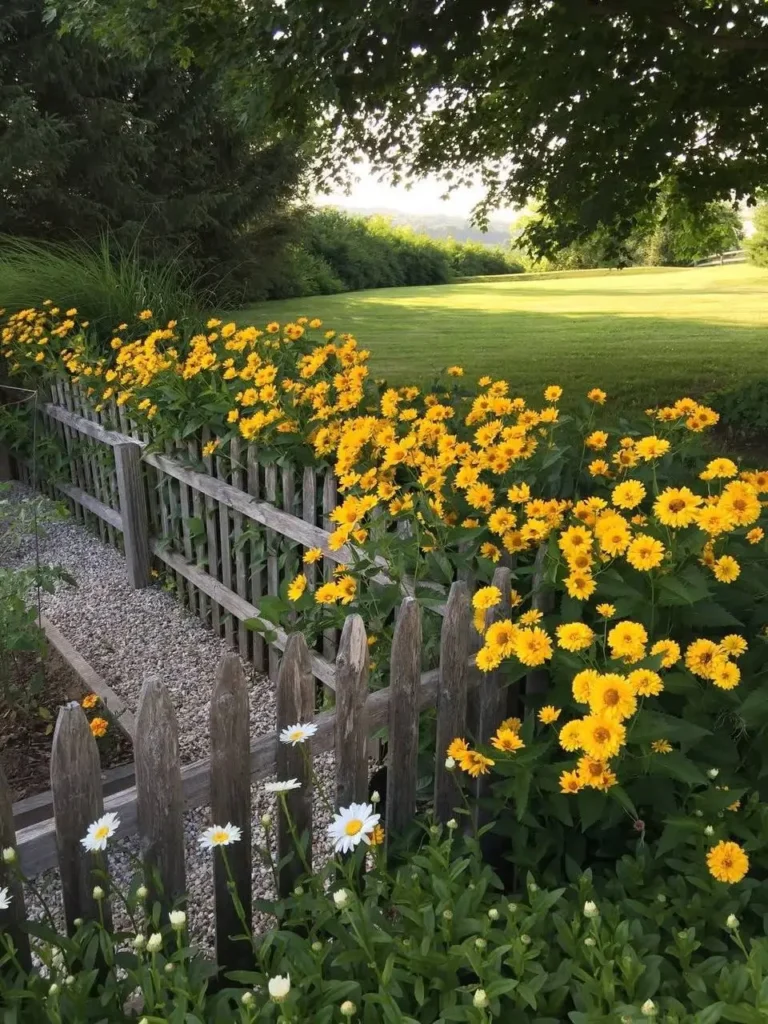 Bright yellow flowers, likely Heliopsis or a similar variety, planted along a rustic wooden fence, with white daisies in the foreground.