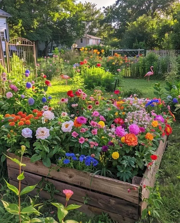 A raised garden bed brimming with a vibrant mix of colorful flowers, including dahlias, zinnias, and peonies, in a sunny backyard setting.