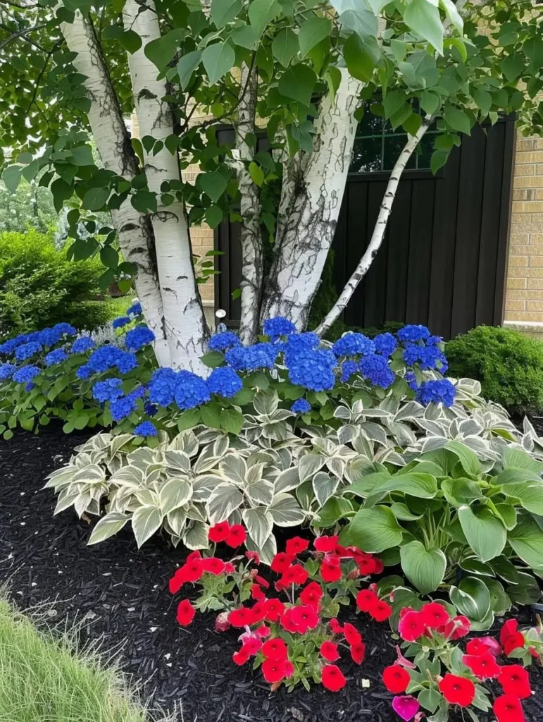 A garden bed featuring bold blocks of color: vibrant blue hydrangeas, red petunias, and variegated hostas, planted beneath a white-barked birch tree.