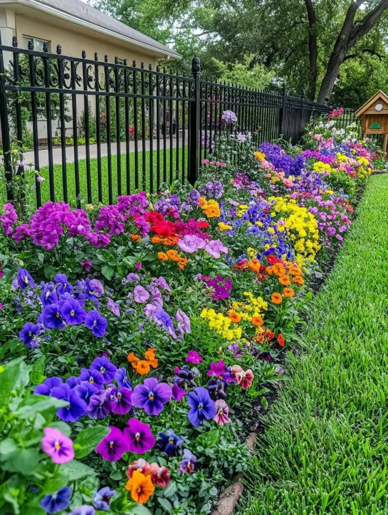 A long border garden filled with vibrant pansies and other colorful annuals, planted alongside a black metal fence and a lush green lawn.