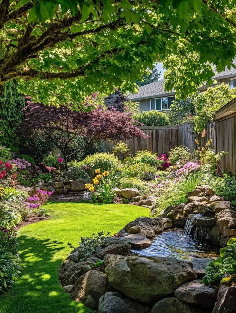 A small, naturalistic water feature with a waterfall and pond, surrounded by rocks, flowers, and greenery, in a backyard garden setting.