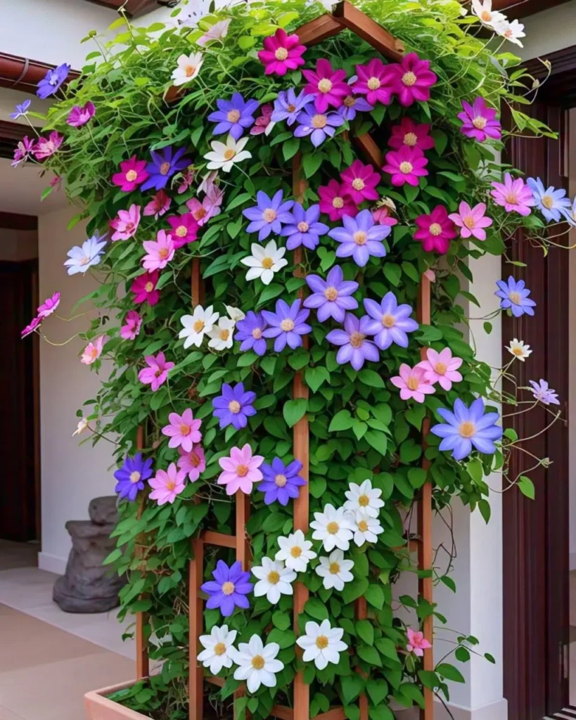 A wooden trellis covered in vibrantly colored Clematis vines, showcasing a mix of purple, pink, and white flowers.