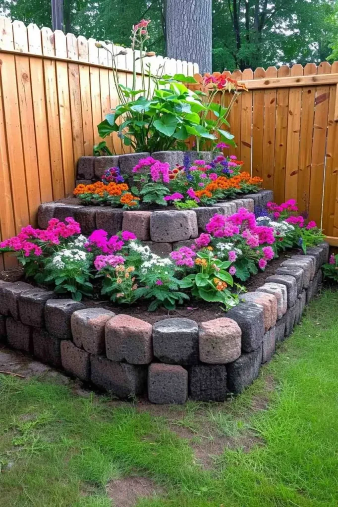 A three-tiered corner planter made of stone blocks, filled with colorful flowers including petunias and impatiens, against a wooden fence.