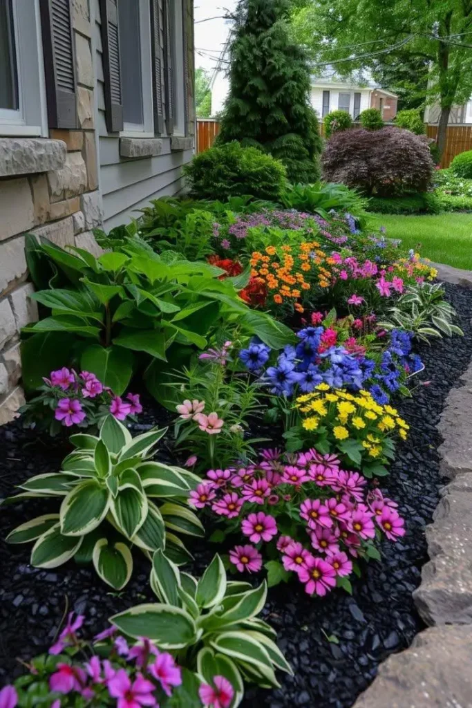 A foundation planting bed in front of a house, featuring a variety of colorful flowers and foliage plants, with dark mulch providing contrast.