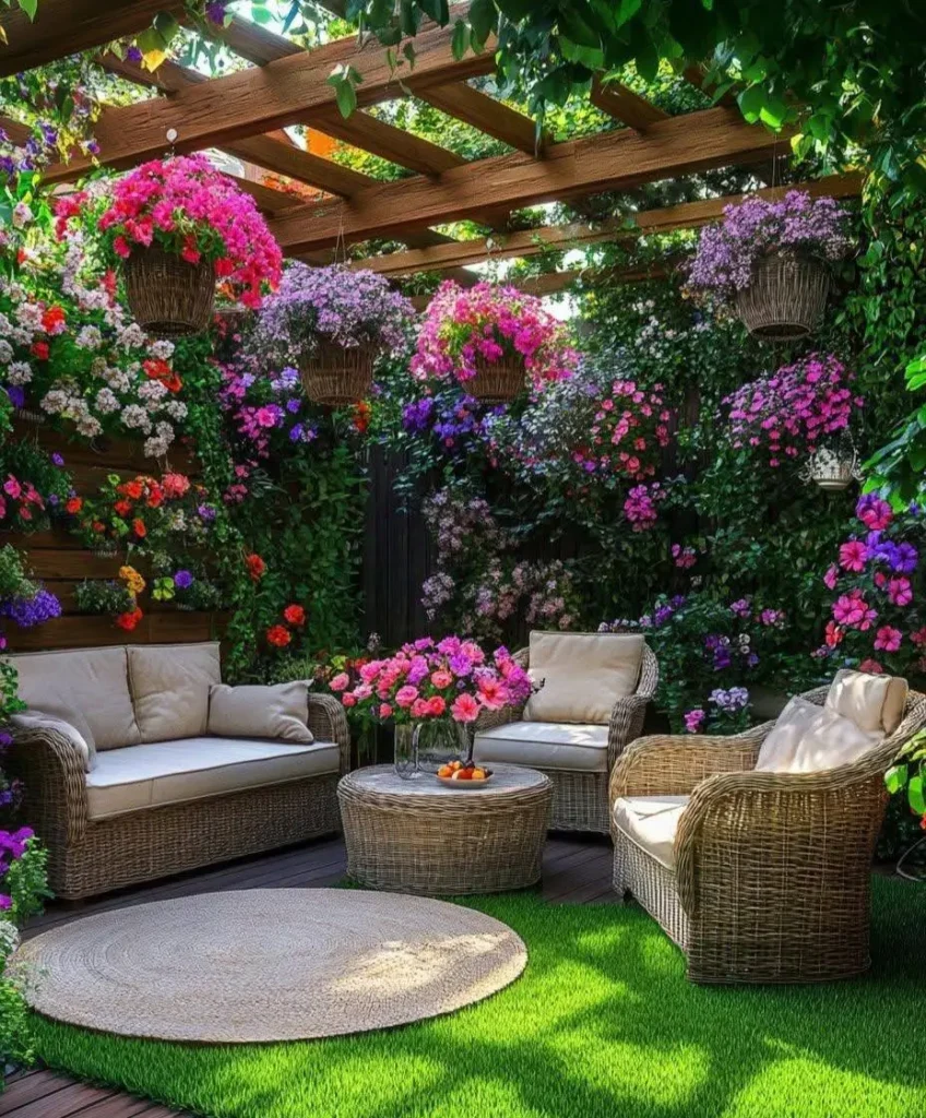 A pergola draped with climbing flowers and hanging baskets filled with petunias, creating a lush, colorful canopy over a patio seating area.