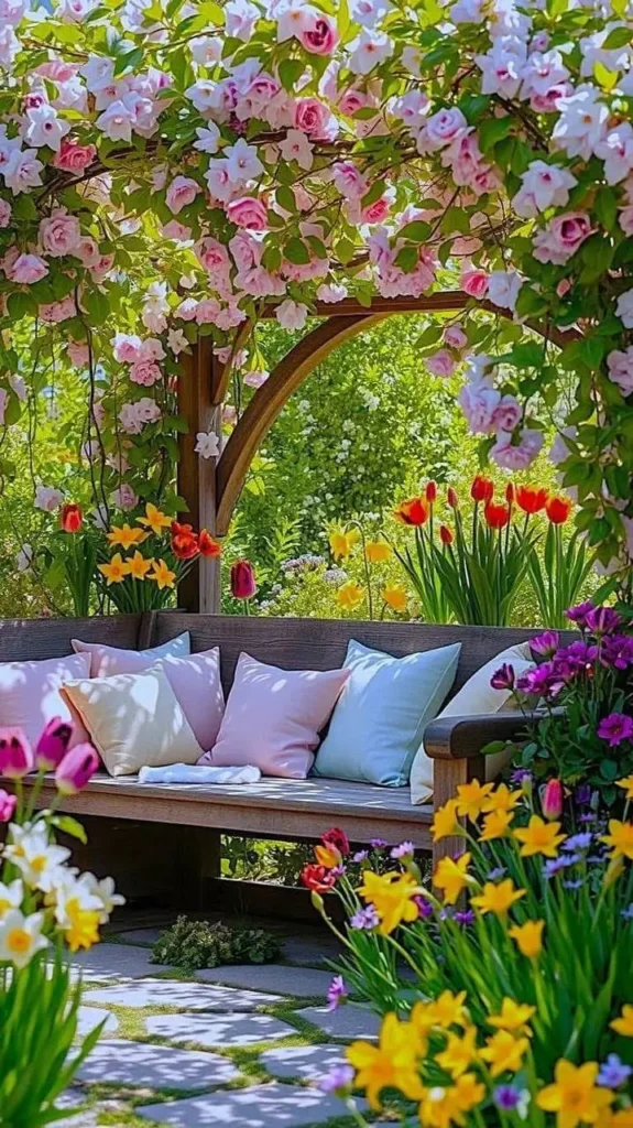 A wooden garden bench beneath an archway covered in pale pink climbing roses, with daffodils and tulips planted in the foreground.