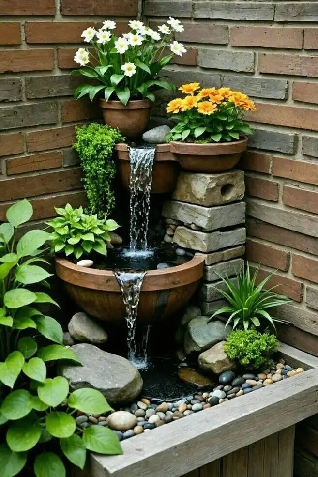 A tiered water feature made of terracotta pots and stone, with water cascading down and various flowers and greenery planted around it.