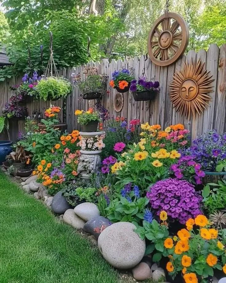 A vibrant cottage garden along a wooden fence, filled with a variety of colorful flowers, hanging baskets, and decorative sun ornaments.