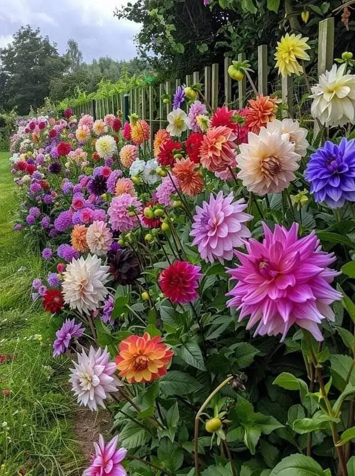 A garden bed filled with a stunning array of Dahlia flowers in various colors, including pink, purple, orange, red, and white, along a fence.