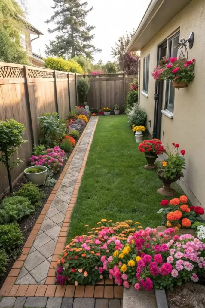 A narrow side yard transformed into a garden with a brick walkway, lush flower beds on both sides, and potted plants along the house wall.