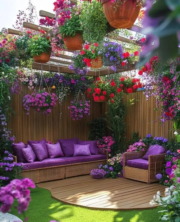 A garden seating area with purple cushions, surrounded by a profusion of purple flowers in hanging baskets, climbing vines, and ground plantings.