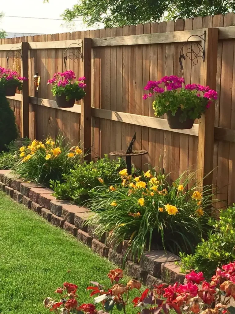 A wooden fence with hanging baskets of pink flowers, and a border of yellow daylilies and red flowers planted along the base.