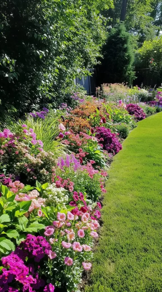 A lush, layered flower garden border featuring a variety of pink, purple, and white flowers, including petunias, phlox, and possibly sweet William, along a green lawn.