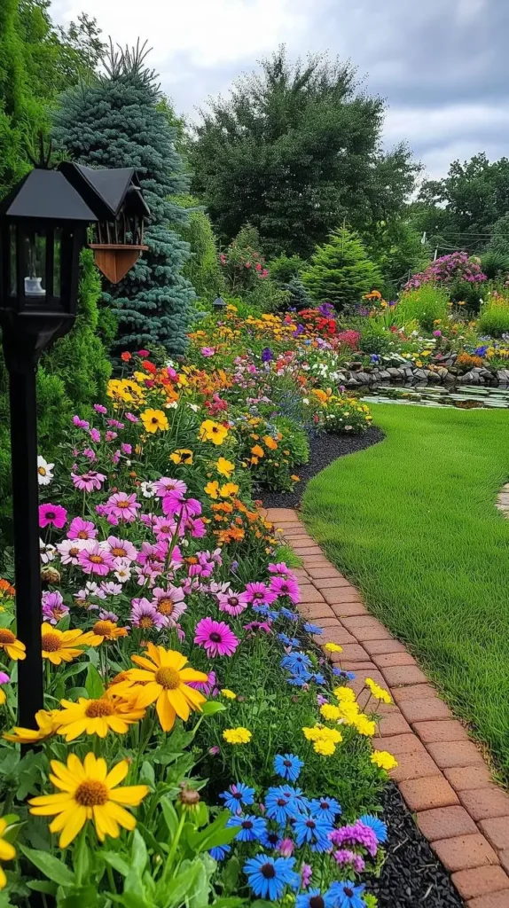 A vibrant and diverse flower garden featuring a mix of zinnias, petunias, black-eyed Susans, coneflowers, and other colorful blooms, alongside a brick path.