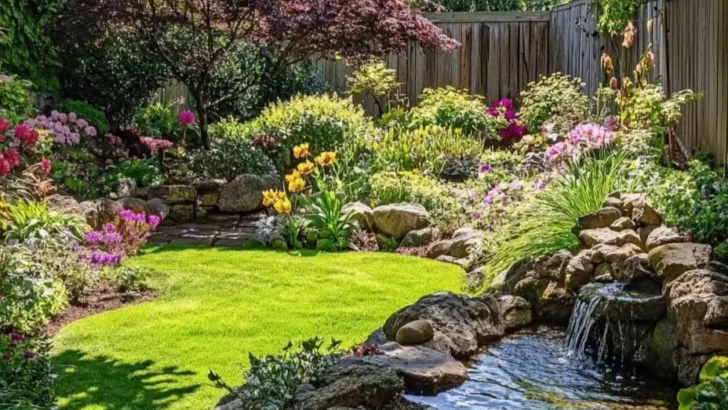 Backyard garden with a natural stone waterfall and pond, surrounded by diverse flowers and greenery. Features a small lawn and wooden fence. Beautiful Flower Garden Ideas