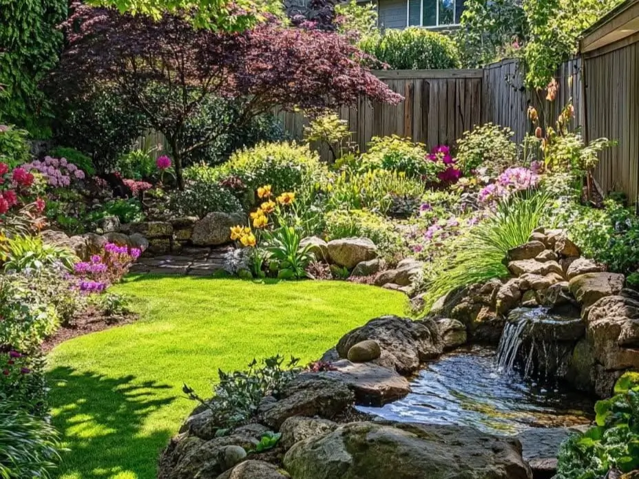 Backyard garden with a natural stone waterfall and pond, surrounded by diverse flowers and greenery. Features a small lawn and wooden fence. Beautiful Flower Garden Ideas