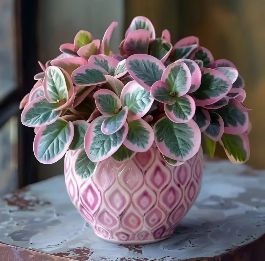 Pink-edged African Violet in a decorative pink-patterned pot on a rustic table.