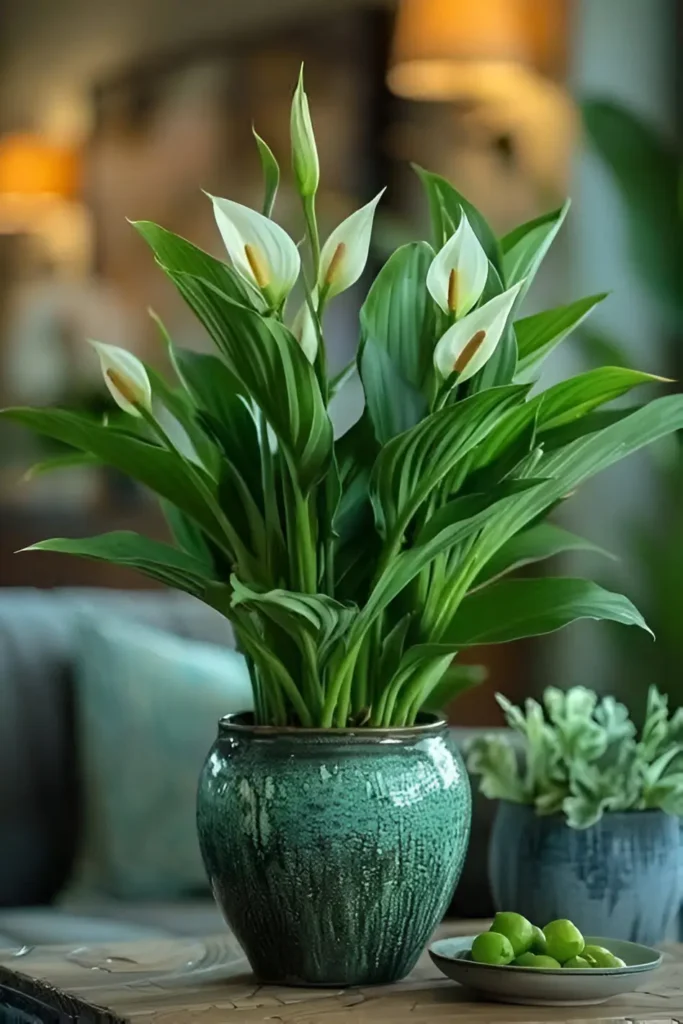 Peace Lily in a textured green ceramic pot placed on a wooden table with a cozy background.