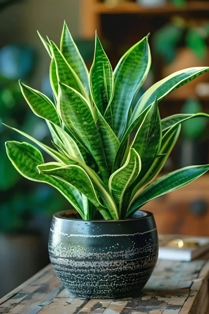 Snake Plant with variegated green and yellow leaves in a black ceramic pot on a rustic wooden table.