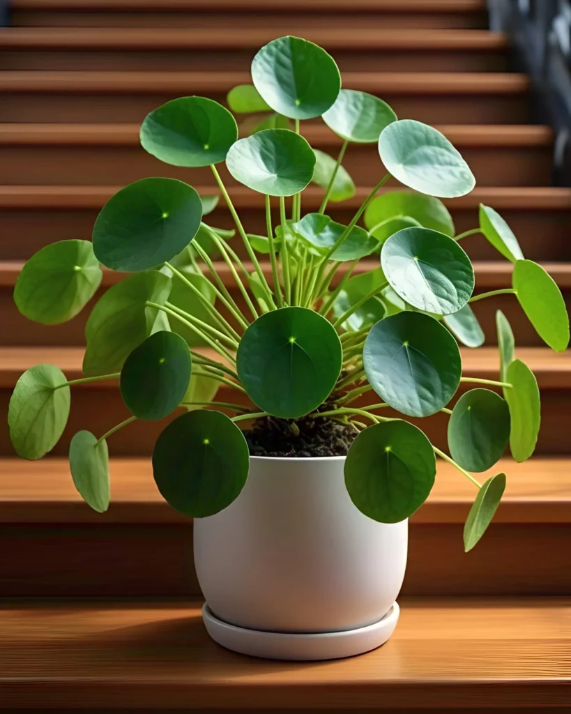 Pilea Peperomioides (Chinese Money Plant) with round green leaves in a white ceramic pot on wooden stairs.