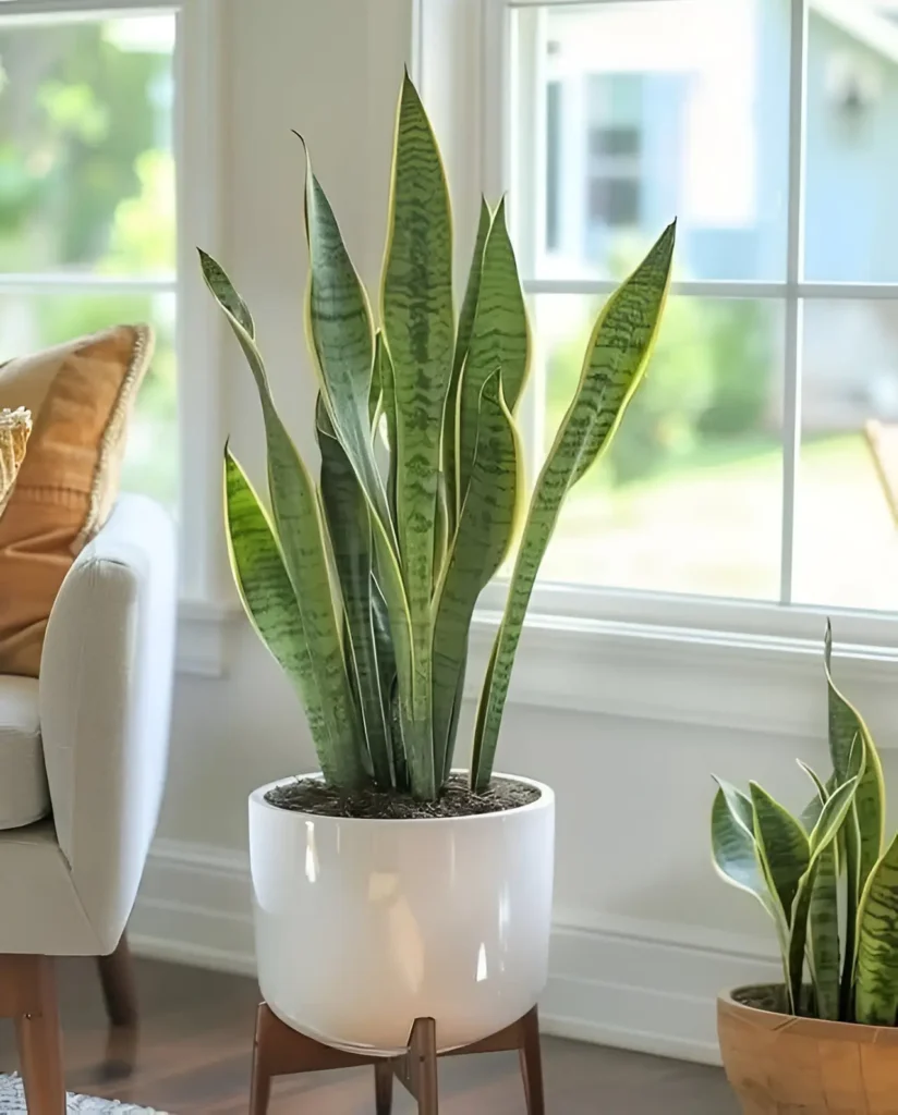 Tall Snake Plant in a sleek white pot with wooden legs, placed near a window in a bright living room.