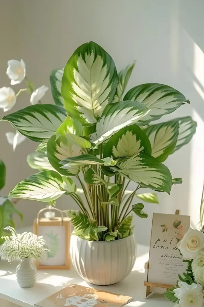 Calathea White Fusion with variegated green and white leaves in a ribbed ceramic pot on a sunlit table.