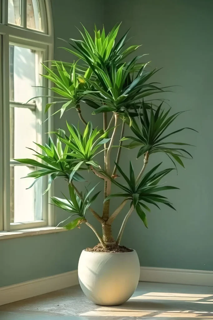 Tall Yucca plant with spiky green leaves in a white ceramic pot near a sunlit window.