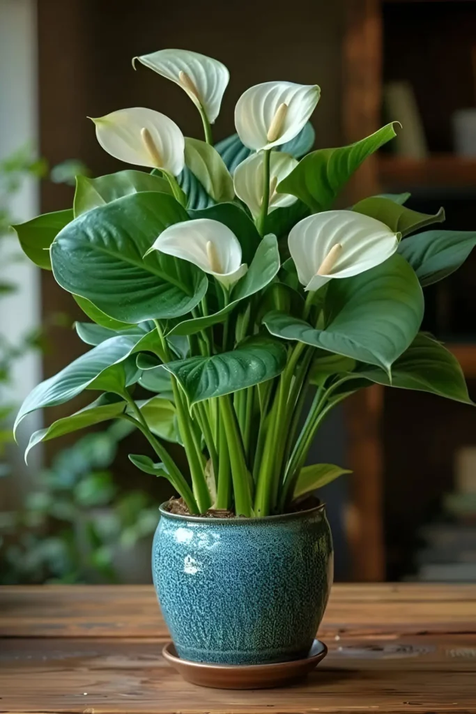 White Calla Lily with broad green leaves in a textured blue ceramic pot on a wooden table.