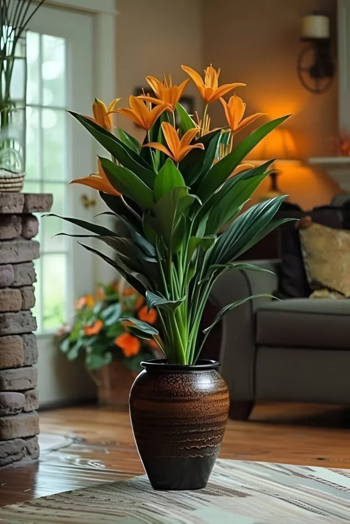 Orange lily plant in a dark brown ceramic vase placed in a cozy living room near a fireplace.