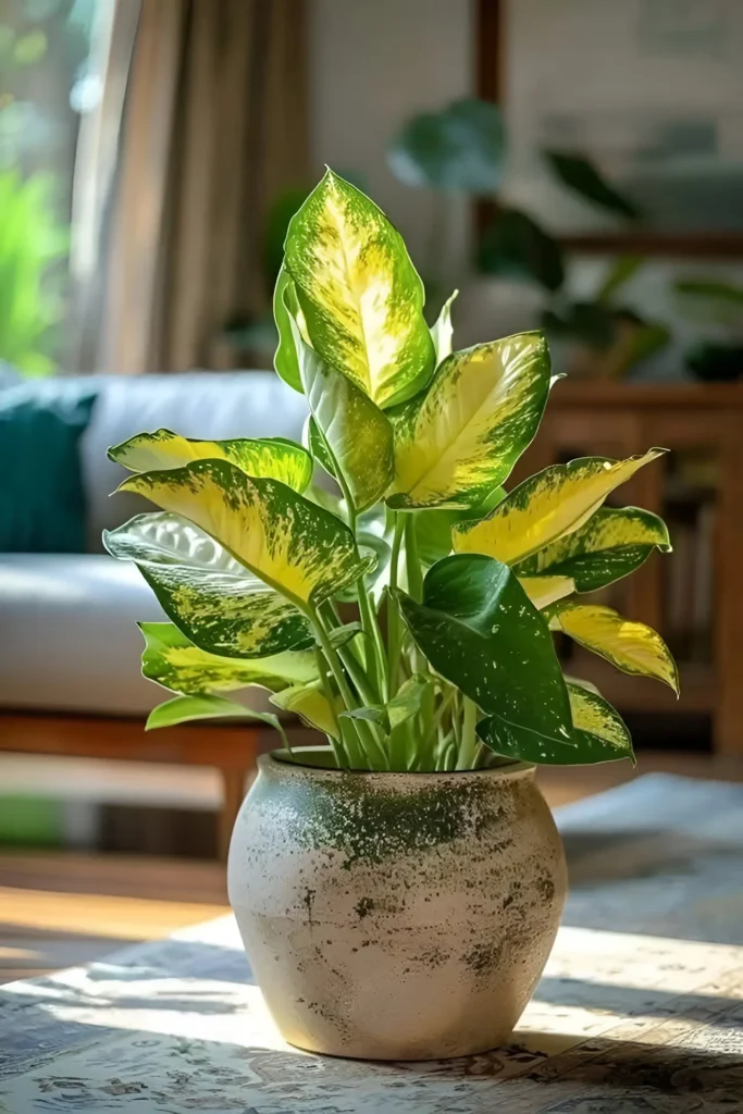 Golden Dieffenbachia plant in a rustic ceramic pot, placed on a coffee table with soft natural sunlight illuminating its vibrant leaves.