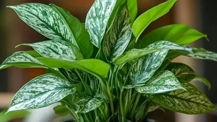 Chinese Evergreen plant in a textured ceramic pot, showcasing its variegated green and silver leaves. Beautiful Indoor Plants for Home Decor