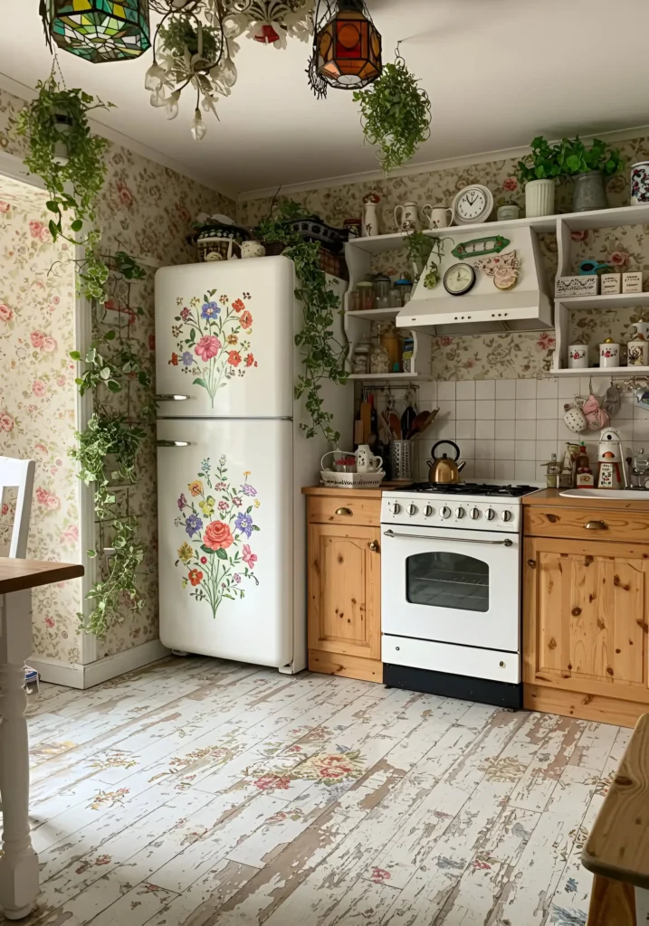 Vintage-style kitchen with floral wallpaper, wooden cabinets, and a hand-painted fridge, creating a cozy and nostalgic feel.