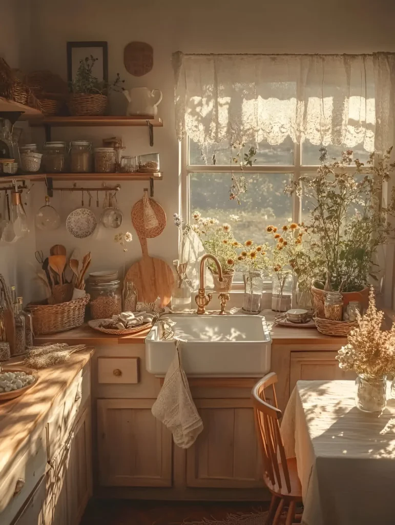 Cozy cottage kitchen with wooden cabinets, lace curtains, and warm sunlight, creating a rustic and inviting atmosphere.