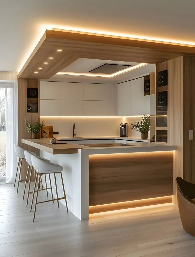 Modern kitchen with wood and white cabinetry, warm LED lighting, and a cozy ambiance.