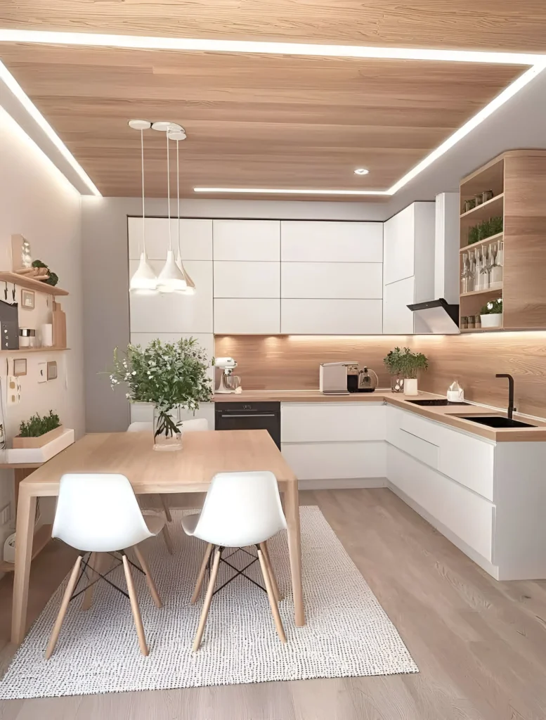 Scandinavian-style kitchen with white cabinetry, light wood tones, and cozy lighting for a warm, modern feel.