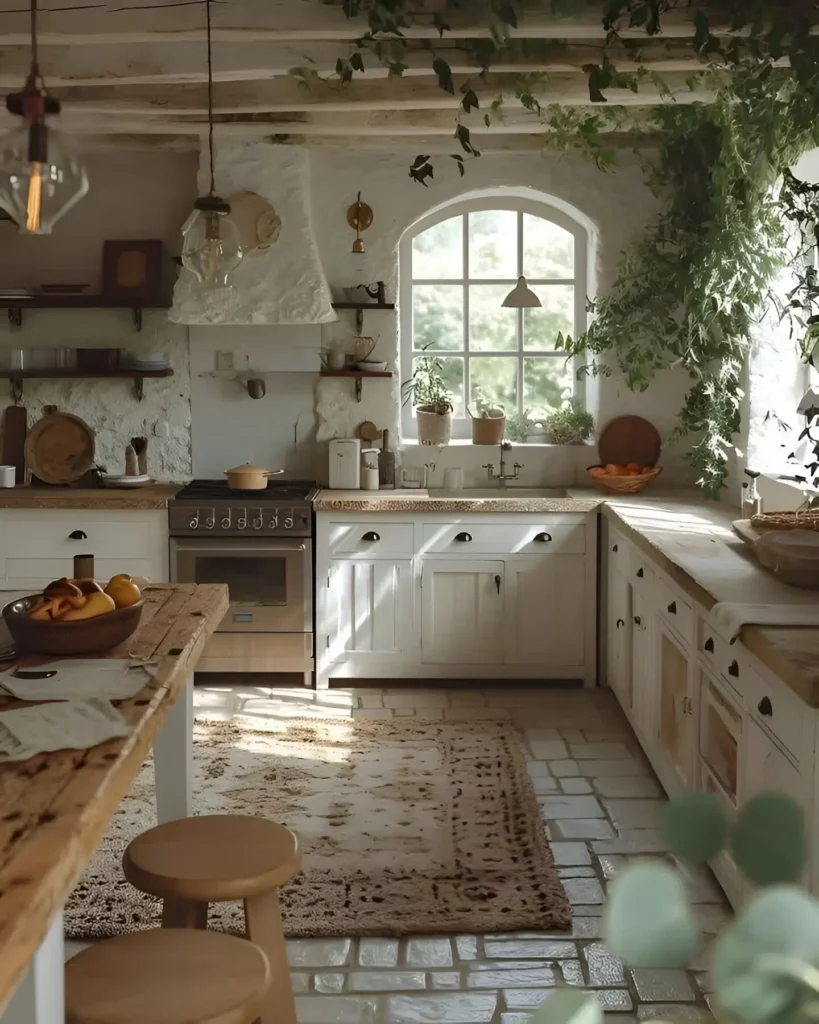 Rustic Mediterranean kitchen with exposed stone walls, wooden countertops, and natural greenery for a warm, cozy feel.