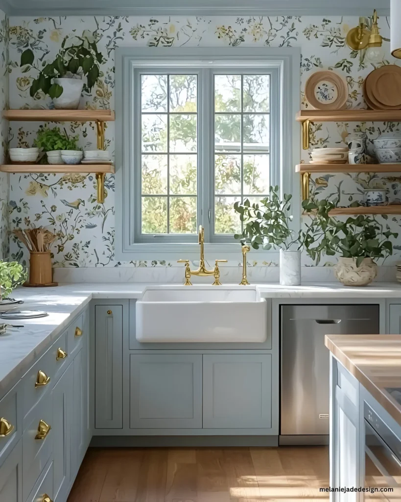 Cozy cottage kitchen with soft blue cabinets, floral wallpaper, and brass accents for a charming and inviting atmosphere.