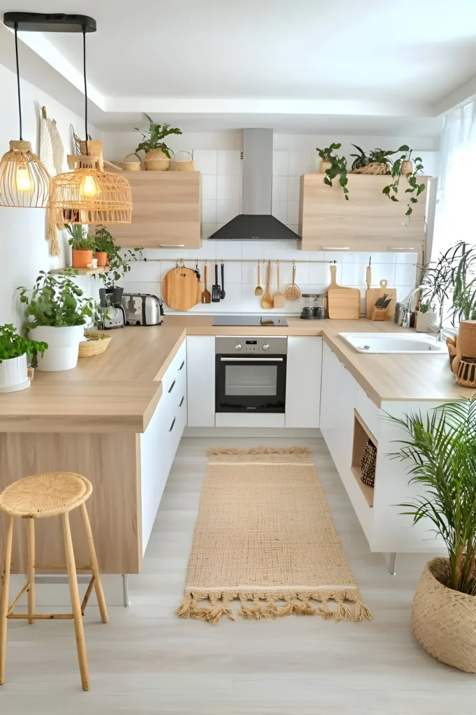 Bohemian-style kitchen with wood cabinetry, rattan pendant lights, and greenery for a cozy and inviting atmosphere.