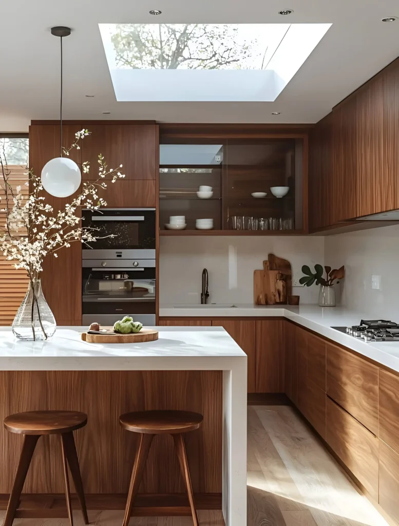 Modern kitchen with wood cabinets, white countertops, and a skylight for a warm and cozy ambiance.