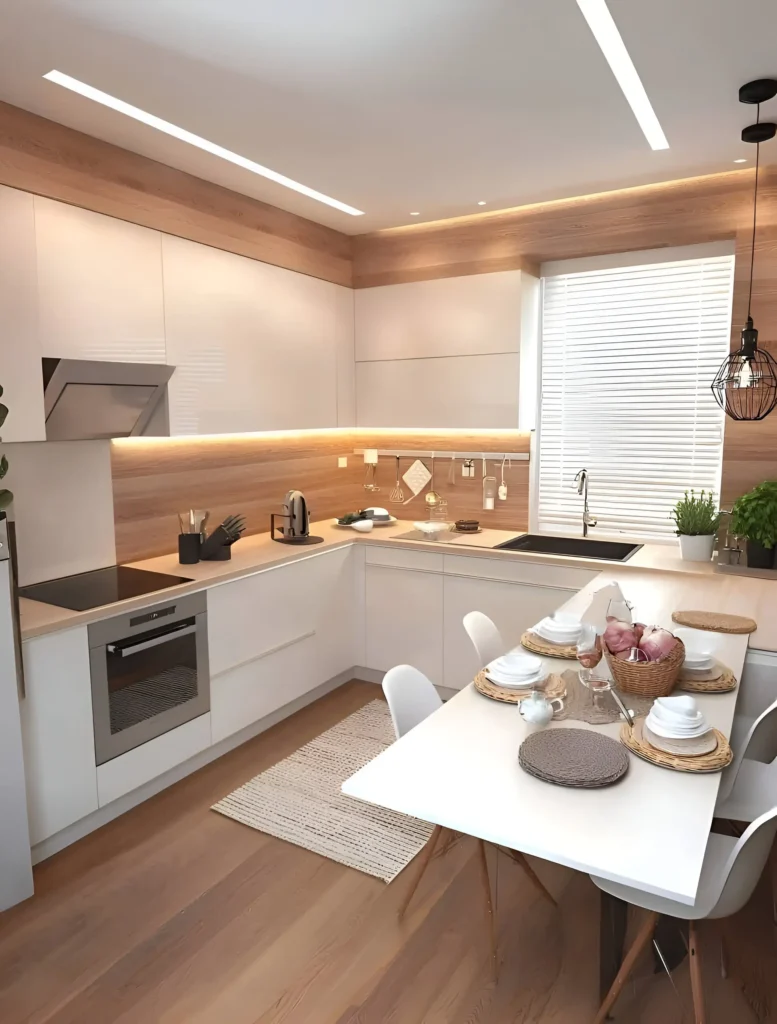 Minimalist kitchen with white cabinets, warm wood accents, and integrated lighting for a cozy ambiance.