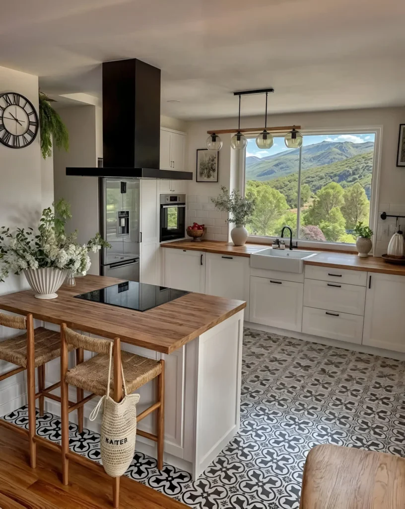 Farmhouse kitchen with wood countertops, woven barstools, patterned tile flooring, and large windows showcasing scenic views.