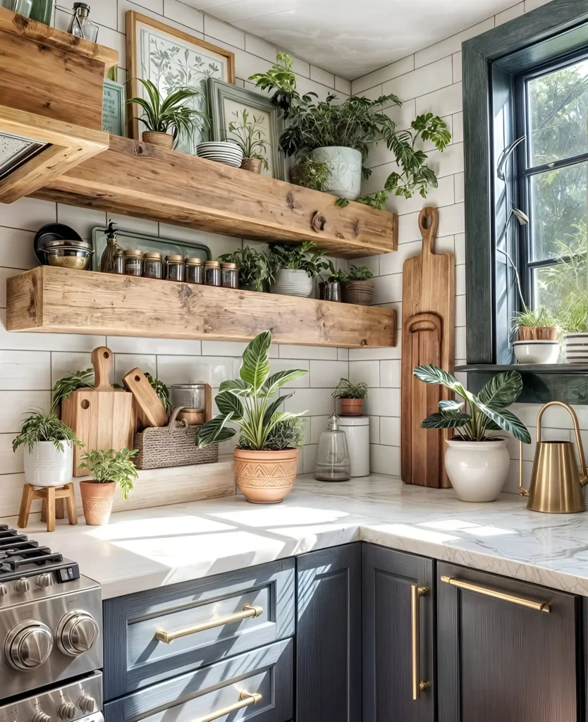 Kitchen with navy cabinets, wood floating shelves, greenery, and brass hardware for a cozy, rustic-modern feel.