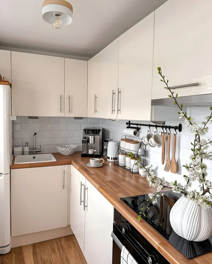 Small modern kitchen with white cabinets, wood countertops, and soft gray subway tiles for a cozy, functional design.