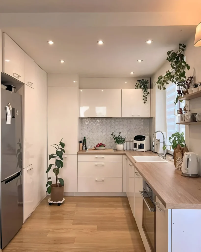 Minimalist kitchen with white cabinets, wood countertops, herringbone backsplash, and soft lighting for a cozy feel.