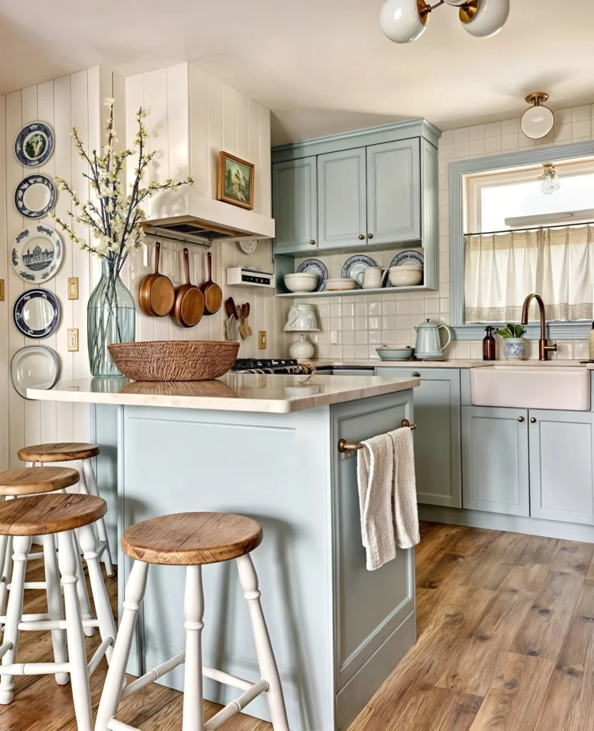 Vintage cottage kitchen with soft blue cabinets, farmhouse sink, and warm wood accents for a cozy, nostalgic feel.